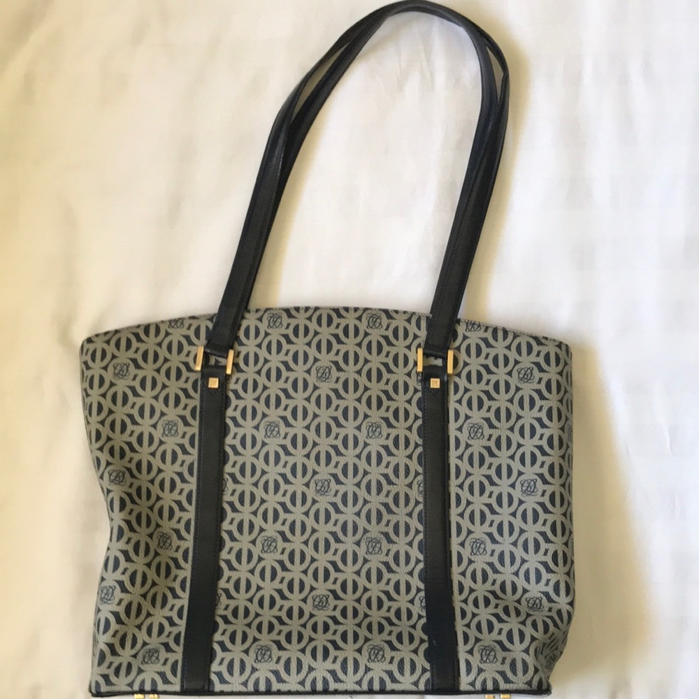 COPY - Louis Quatorze Paris navy/grey monogram tote bag w snap closure/zip pock…